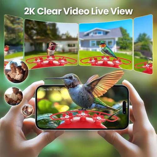 Vista 2 de Soliom Comedero de colibríes con cámara, comedero inteligente para pájaros con vista en vivo 2K, identificación de especies AI, a prueba de fugas