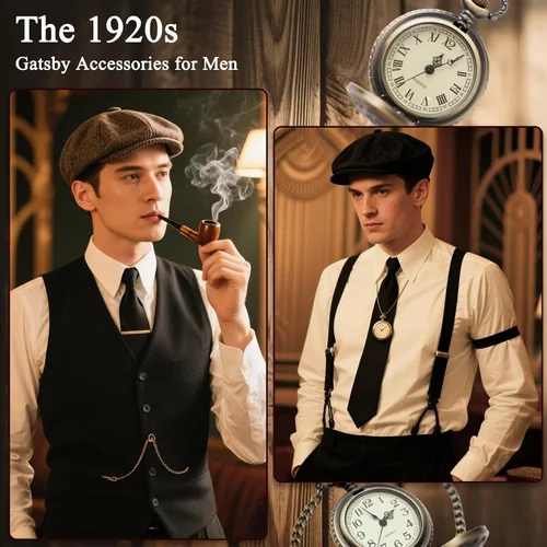 Vista 2 de Disfraces de los años 20 para hombre, traje de hombre de los años 20, accesorios de gran Gatsby, disfraz de gángster, sombrero de periódico