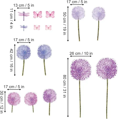 Vista 4 de Calcomanías de pared de dientes de león morados, mariposas, flores, decoración de pared para niñas, dormitorio, sala de estar