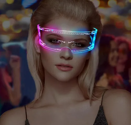 Vista 4 de ARSIE - Gafas coloridas con luz LED para fiesta (paquete de 2) Cyberpunk para disfraz, cosplay, Halloween, bar, club, fiesta, concierto en vivo