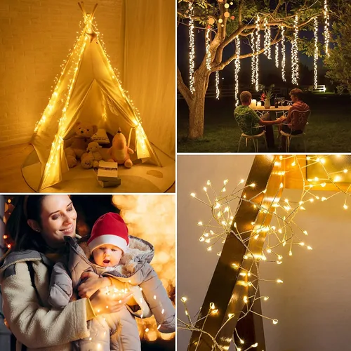 Vista 6 de Minetom Guirnalda de luces enchufables, 10 pies, 200 luces LED, alambre de cobre, impermeable, luces de petardo estrellado para techo, dormitorio