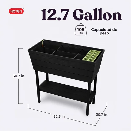 Vista 2 de Keter Urban Bloomer - Jardinera elevada de 12.7 galones y maceta de jardín de hierbas para exteriores con medidor de riego automático y tapón