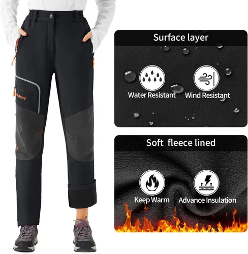 Vista 4 de URBEST Pantalones de esquí de nieve para mujer, impermeables, con forro polar, para senderismo, snowboard, con aislamiento de softshell