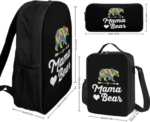 Vista 2 de Mama Bear Autism Awareness - Mochila de 17 pulgadas, juego de 3 piezas, combinación con bolsa de almuerzo diagonal, estuche para lápices