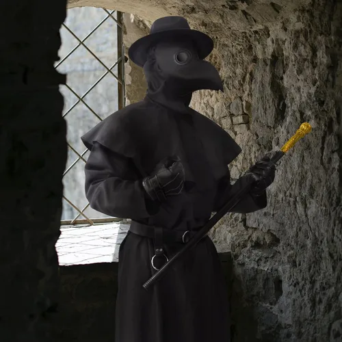 Vista 7 de ATTBEA Disfraz de Halloween compatible con médicos de la peste con máscara de pico de pájaro, bata negra con capucha