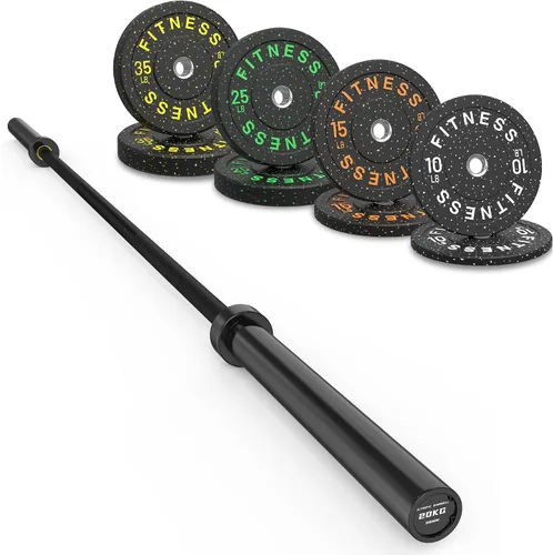 Vista 33 de Olympic Barbell Set, 2-Inch Bumper Plates with Weight Plate Rack Colored Crumb Rubber Weight Plates for Weight Lifting & Strength Training, 90–530