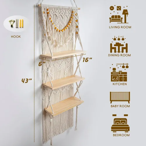 Vista 2 de jontell Estante colgante de pared de macramé, estantes de macramé hechos a mano, estante flotante bohemio decorativo para plantas, estante