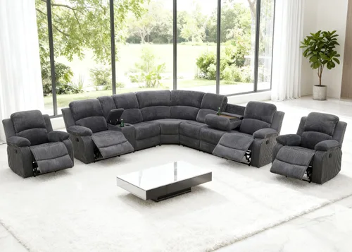 Vista 12 de Juego de sofá seccional reclinable manual, juegos de muebles de sala de estar, sofá seccional en forma de L y 2 sillas, cómodo sofá reclinable