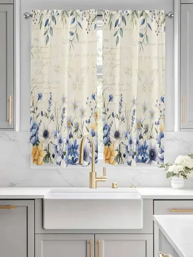 Vista 10 de Cortinas florales azules de primavera de 24 pulgadas de largo, 2 paneles, paneles de cortina con bolsillo para barra, flores botánicas de verano