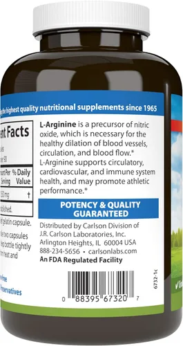 Vista 3 de Carlson L-Arginina, 1350 mg, Salud Circulatoria, 180 Cápsulas Apoya el rendimiento atlético