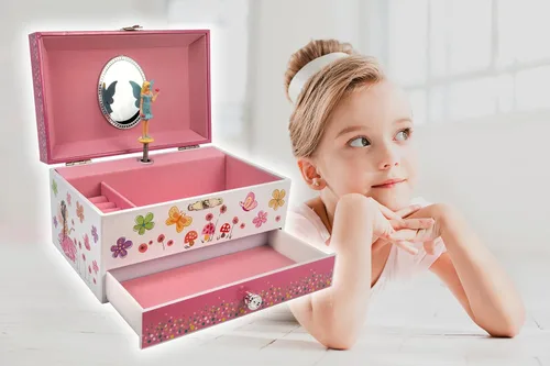 Vista 4 de Joyero musical con diseño de flores y mariposas con collar de hadas