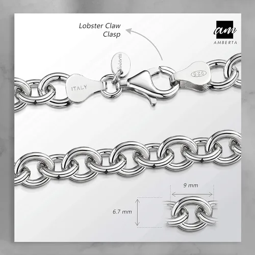 Vista 4 de Amberta Pulsera de plata de ley 925 para mujer, varios estilos, cadena de cable, eslabones lisosestampados, longitud de 7.5in