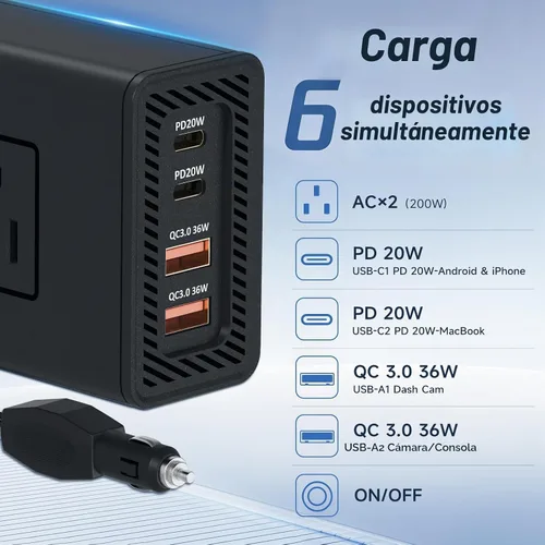 Vista 3 de 200W portátil 12V a 110v cargador de coche inversores de corriente para vehículos
