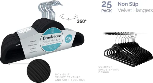 Vista 6 de BROOKSTONE [Paquete de 25] Perchas de terciopelo, [antideslizante] Gancho giratorio de 360°, ligero y delgado, fuerte y duradero, diseño que ahorra