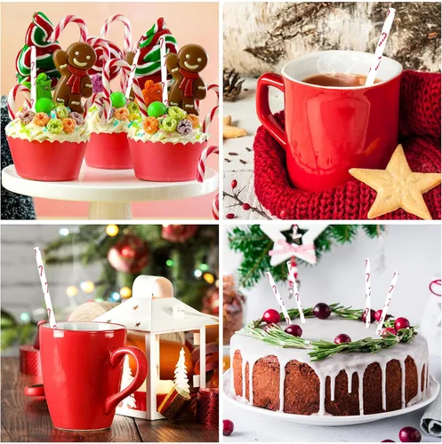 Vista 4 de 100 pajitas de papel de bastón de caramelo de Navidad, color rojo y blanco, para invierno, desechables, para bebidas, decoraciones de cócteles