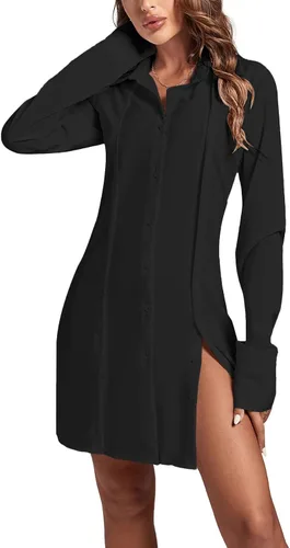 Vista 4 de LYANER Minivestido camisero de manga larga con botones y cuello de solapa para mujer
