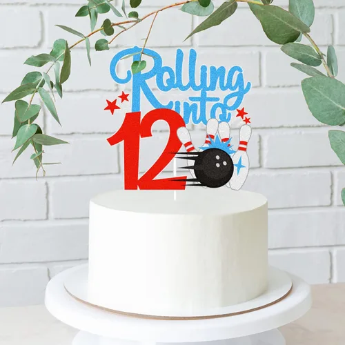 Vista 3 de Bowling Rolling Into 12 Happy 12th Birthaday - Decoración de pastel de bola de boliche de 12 cumpleaños con purpurina - Decoración de pastel