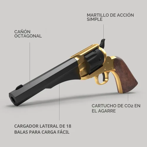 Vista 6 de Kit de pistola CO2 dorado 1858 con 2 cartuchos de CO2 250 BBS (1858s)