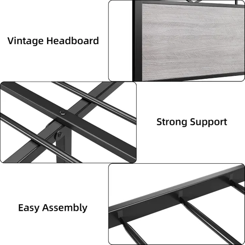 Vista 5 de Senfot Base de cama de tamaño matrimonial con cabecera y estribo de madera rústica, plataforma de metal, soporte de listones de acero resistente,