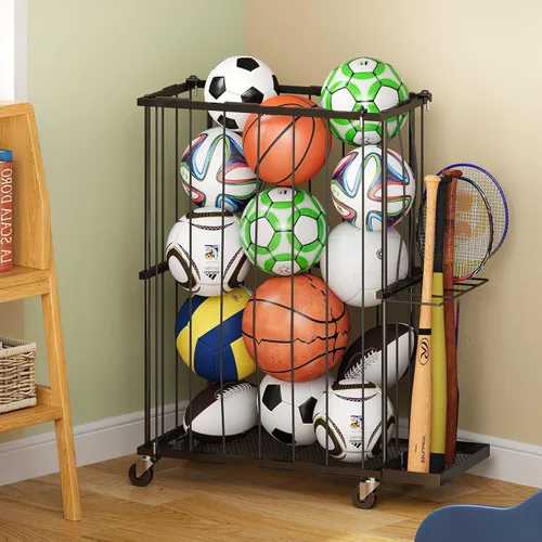 Vista 10 de Hencawima Garage Ball Storage: Round Sports Equipment Organizer with Wheels, Sports Ball Rack With Elastic Rope, Ball Holder for Basketball, Soccer