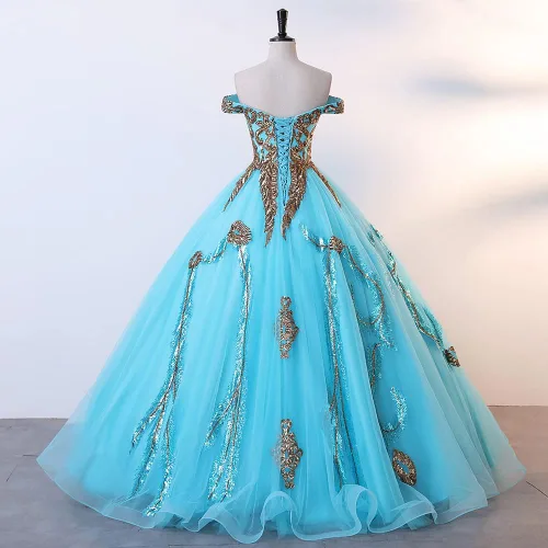 Vista 4 de NGBUY Elegante vestido de baile de tul para mujer, vestido de fiesta con hombros descubiertos, vestido de quinceañera brillante, vestido dulce 16