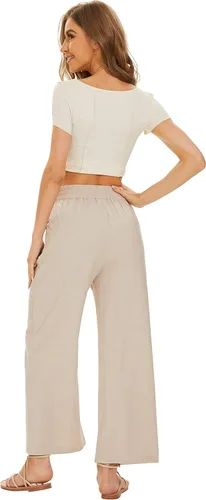 Vista 6 de Pantalones básicos de lino para mujer, cintura elástica, pierna ancha, pantalones casuales con bolsillos