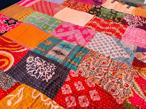 Vista 7 de Edredón Kantha de algodón vintage indio de 55 x 85 pulgadas, parches surtidos de algodón Kantha bordado a mano, juego de 1