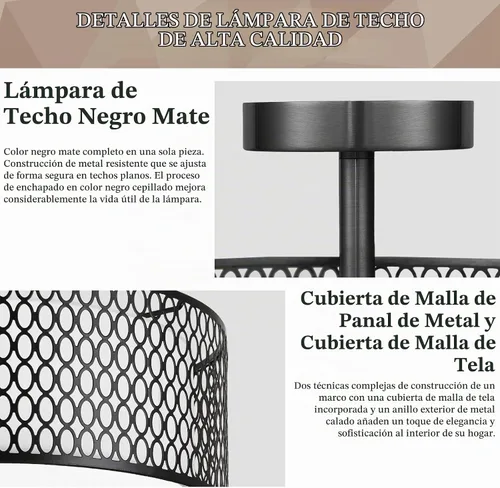 Vista 4 de Lámpara de techo semiempotrada de 17 pulgadas, moderna iluminación de techo E26 de doble tambor de 3 luces con jaula de malla de hierro negro mate