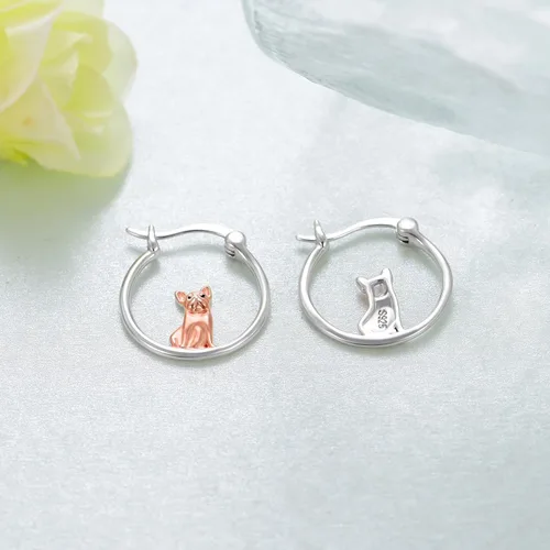 Vista 3 de Aretes de bulldog francés de plata de ley, aretes de aro de bulldog francés con lindos animales, regalos de joyería para mujeres y niñas amantes