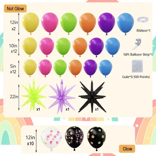 Vista 3 de Kit de guirnalda de arco de globos de neón de 190 piezas, globos de neón para fiestas brillantes, decoraciones de fiesta de cumpleaños de discoteca