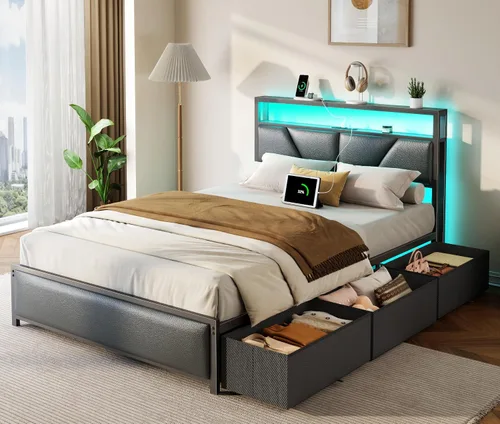 Vista 8 de OURPIC Base de cama de tamaño matrimonial, cabecera de almacenamiento de 2 niveles y 6 cajones de tela, plataforma tapizada de piel sintética, marco