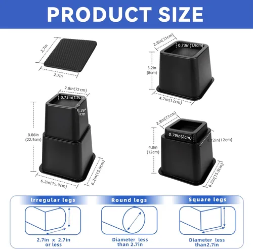 Vista 2 de Elevadores de cama ajustables de 8 pulgadas, soportes de elevación antideslizantes resistentes para camas, sofás, diseño cuadrado duradero