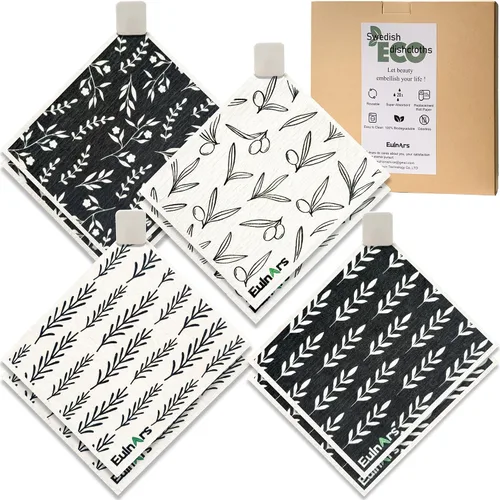 Vista 17 de Eulnars - Toallas de papel reutilizables, paquete de 8 paños de cocina suecos con 3 clips, negro y blanco, algodón, 200 lavados Negro Blanco
