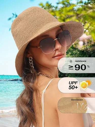 Vista 2 de Sombrero de sol para mujer, hecho a mano, plegable, de paja, sombrero de pescador, gorra de viaje de Caqui