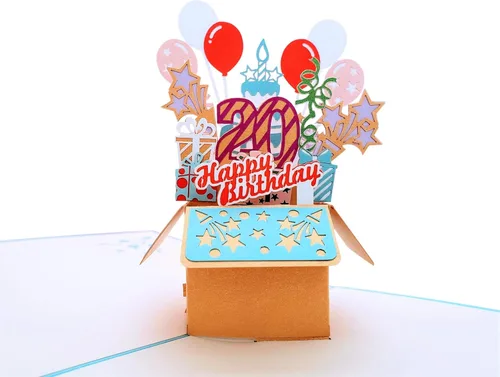 Vista 2 de iGifts And Cards Tarjeta desplegable 3D de 20 cumpleaños – Caja de fiesta azul de moda sorpresa con globos, regalos y vibraciones de celebración