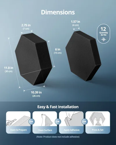 Vista 8 de Paneles de espuma acústica, hexagonal 3D de doble grosor de 1.57 pulgadas y 2.75 pulgadas, azulejos absorbentes de sonido para estudio, habitación