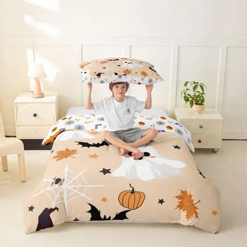 Vista 2 de Erosebridal Funda de edredón de calabaza con diseño de murciélagos para Halloween, juego de ropa de cama con sombrero de bruja, funda de edredón