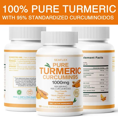 Vista 3 de Curcumina de cúrcuma 95 1000 mg, 95% complejo de curcuminoides con propóleo de abeja y bioperina, 120 cápsulas, suplemento de apoyo