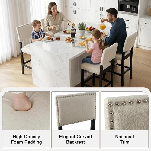 Vista 5 de LSSBOUGHT Taburete de bar tapizado de tela de lino con patas de madera de goma, silla de bar con ribete clavado para isla de cocina