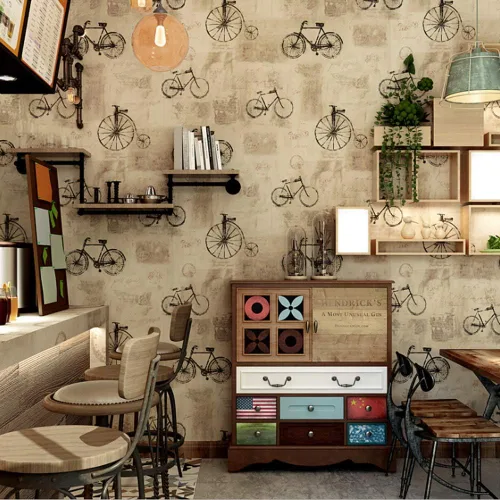 Vista 4 de Q QIHANG Papel pintado de PVC retro estilo industrial Bicicletas alfabeto inglés sala de estar TV fondo pared tienda de ropa cafetería restaurante