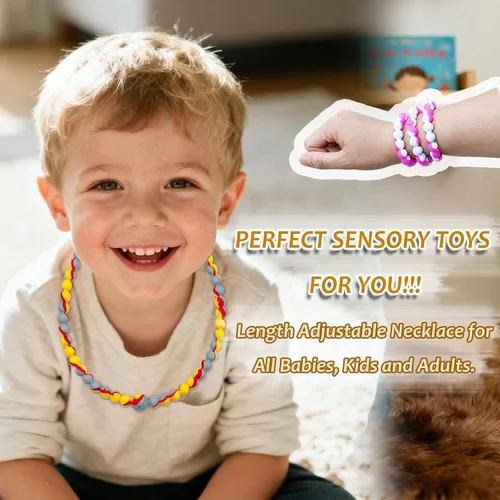 Vista 5 de Collar de dentición para bebés pequeños, collares masticables para niños y niñas sensoriales – 2 piezas de collar masticable de silicona juguetes