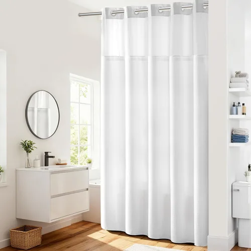 Vista 65 de Cortina de baño River Dream de gran peso sin ganchos necesarios con diseño de gofre punteado y forro a presión - 36W x 74H, de calidad hotelera
