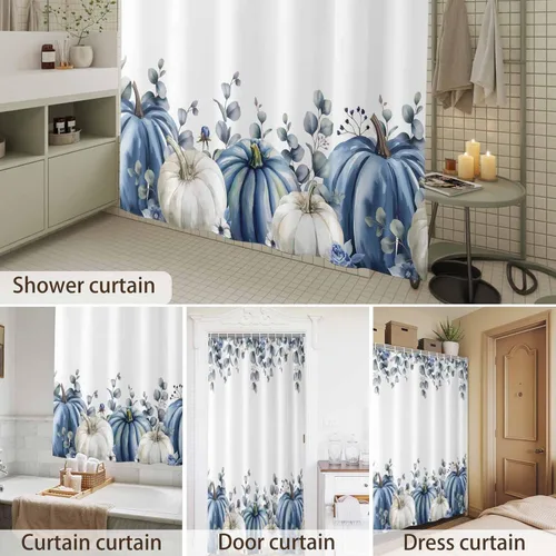 Vista 8 de Cortina de ducha de calabaza azul para baño, calabazas blancas, hojas verdes, cortinas de baño con ganchos, tela de poliéster impermeable, cortinas