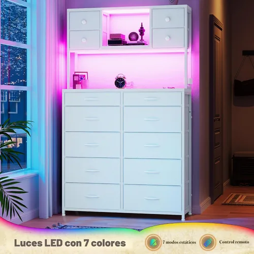 Vista 6 de Cómoda de tela blanca de 62 pulgadas de alto para dormitorio con cajones grandes, cómodas con luces LED y estación de carga, cómoda resistente