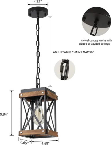 Vista 4 de Accesorio de Lámpara Colgante de Madera Rústica de Granja, Una Luz con Cadena Ajustable, Jaula de Linterna de Madera de Roble y Metal, Iluminación