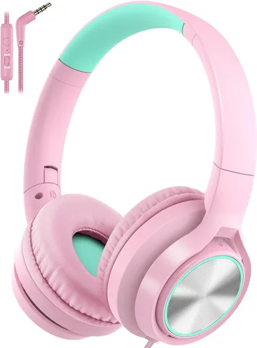 Vista 8 de Voopwink Auriculares para niños con micrófono, auriculares con cable sobre la oreja con volumen limitado de 85 dB/ 94 dB para niños, niñas Negro-Azul