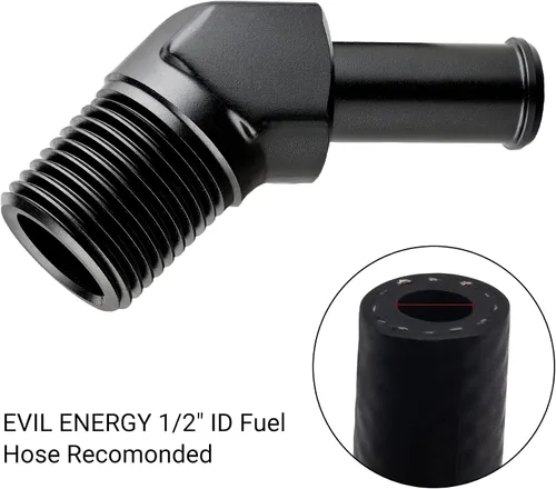 Vista 4 de EVIL ENERGY Adaptador de Conexión de Púa de Manguera 1/2" NPT Macho a 1/2" 45 Grados de Aluminio Negro