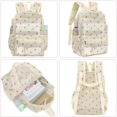 Vista 6 de CAMTOP Mochila de malla para niños y niñas, mochila transparente para preescolar, mochila casual para escuela, playa, viajes, deportes (fresa beige)