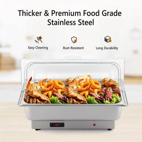 Vista 5 de ROVSUN Juego de bufé eléctrico de acero inoxidable de 9 cuartos de galón, NSF con tapa enrollable para catering, calentador de alimentos