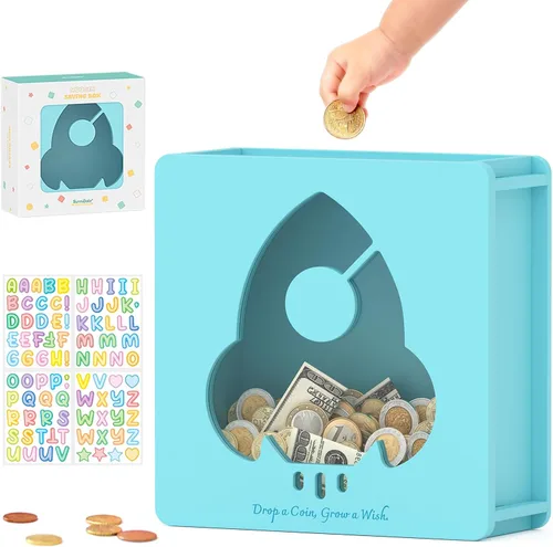 Vista 11 de Summidate Caja de ahorro de dinero de madera, caja de ahorro de ventana transparente con calcomanías de bricolaje, alcancía de oso personalizada